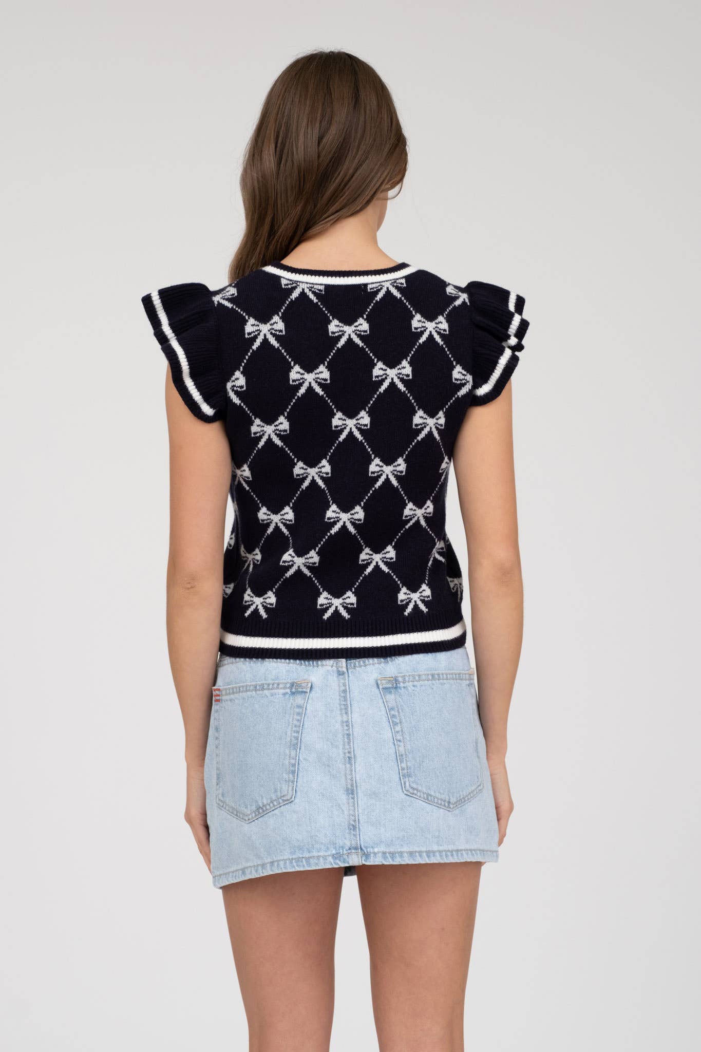BOW PATTERN RUFFLE SLEEVE SWEATER KNIT TOP