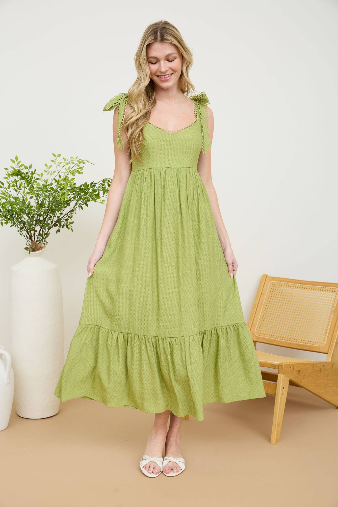 SCALLOP EYELET MIDI DRESS