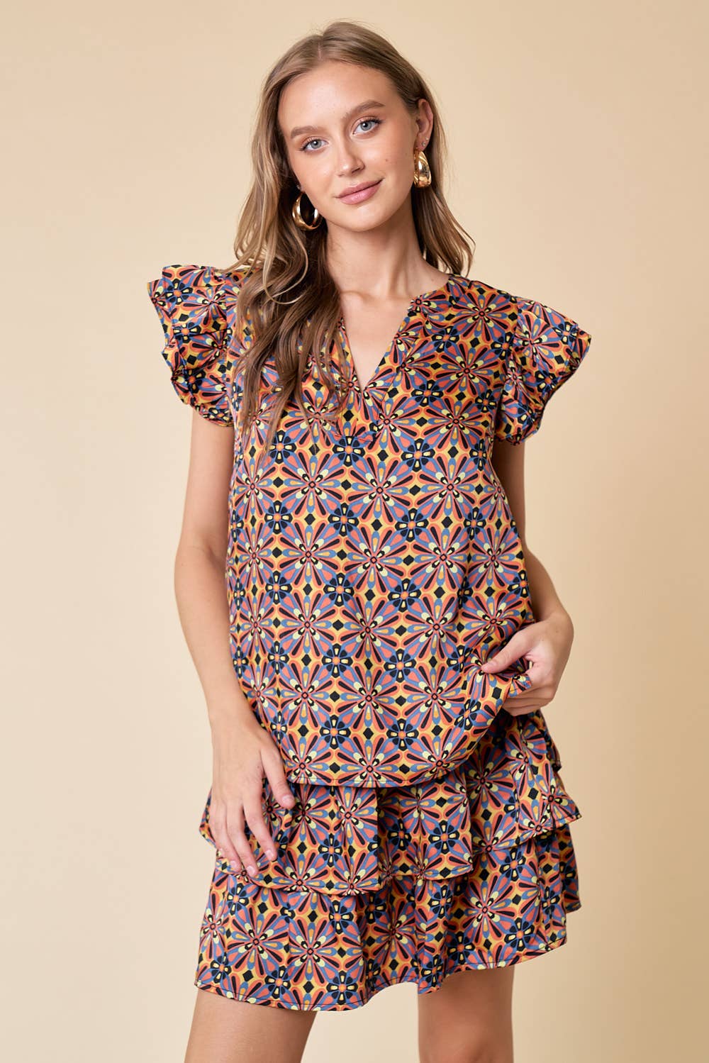 DOUBLE RUFFLE PRINTED TOP