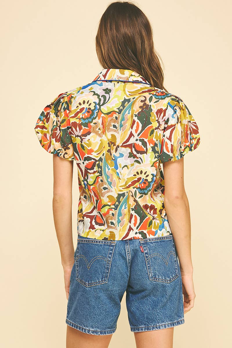 FLORAL PRINT PUFFED SLEEVE BLOUSE TOP