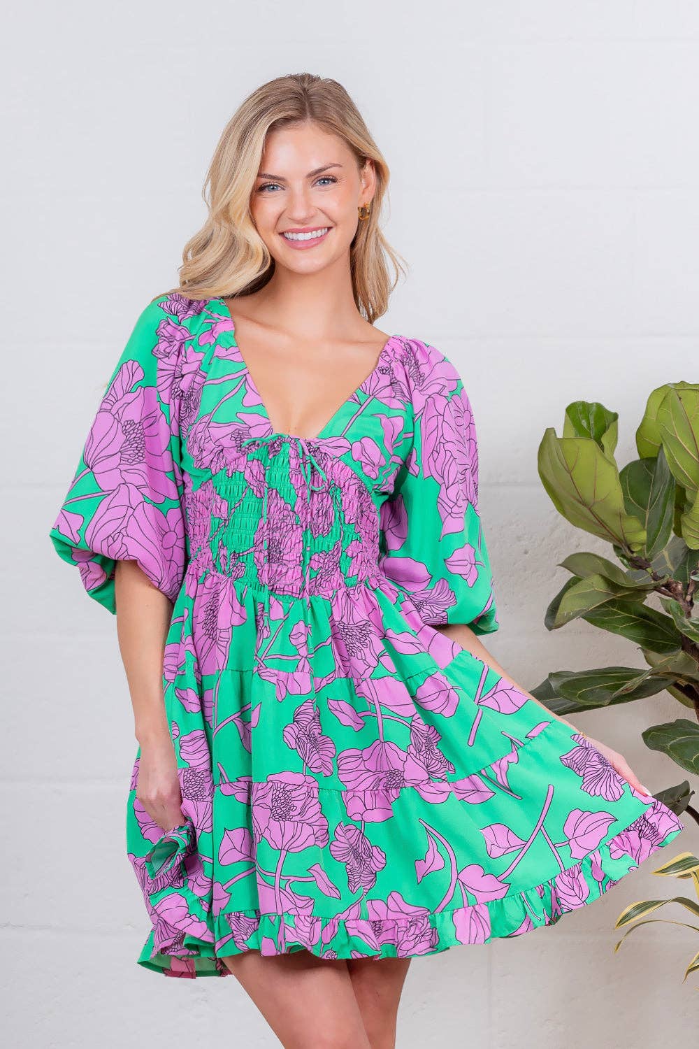 Floral print balloon sleeve mini dress