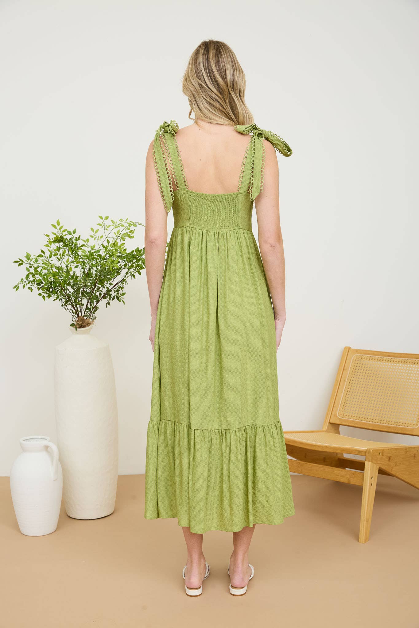 SCALLOP EYELET MIDI DRESS