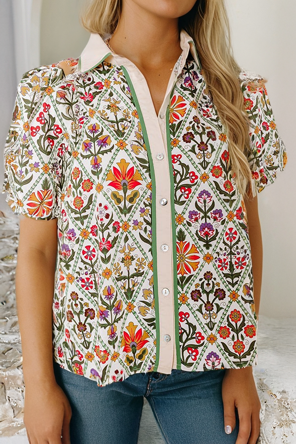 PRE ORDER Short Bubble Sleeve Collared Floral Shirt