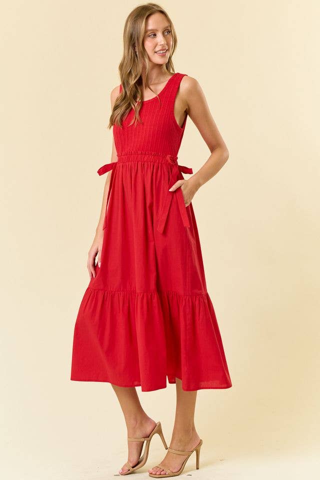 MIX MEDIA SIDE TIE MIDI DRESS