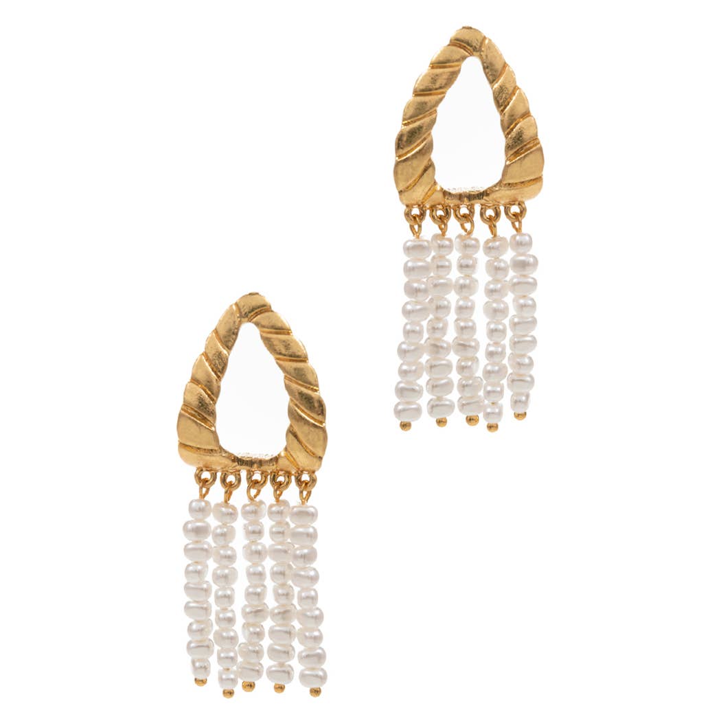 Linear Triangular with Pearl Tassel Post Earrings