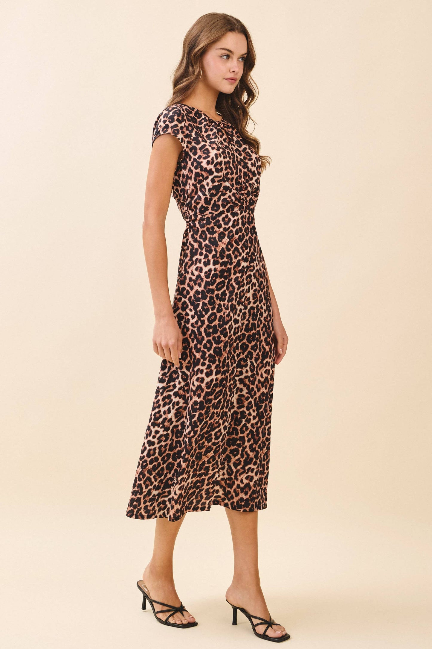 PRE ORDER Leopard Print Ruched Bodice Cap Sleeves Midi Dress