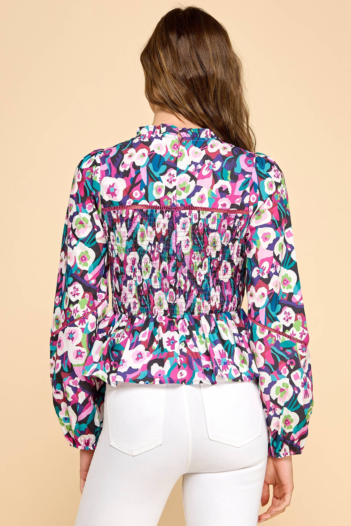 Floral Print Smocked Detail Long Sleeve Top