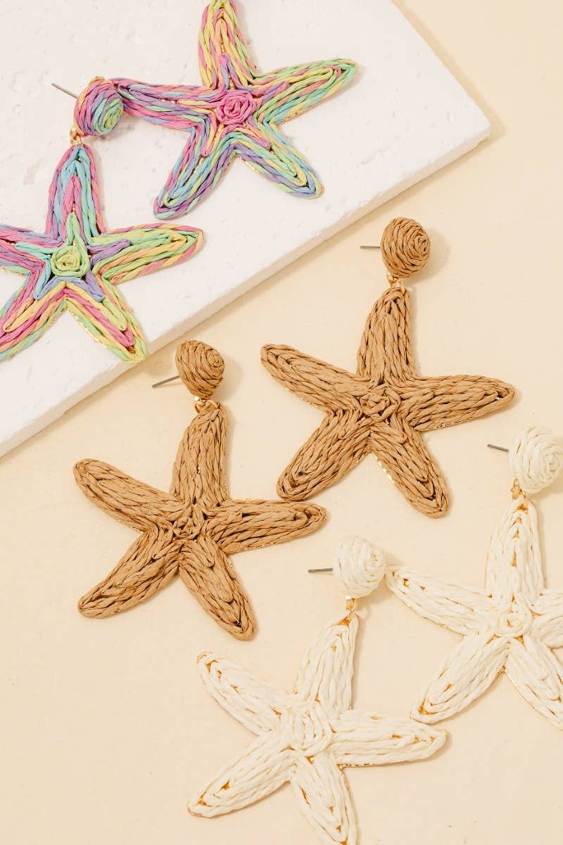 Large Straw Braided Starfish Dangle Earrings