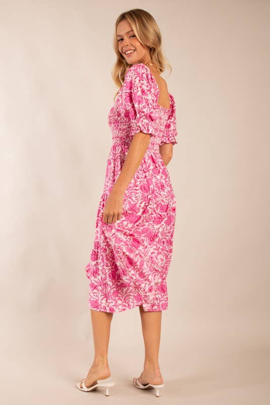 Floral Smocked Puff Sleeve Midi Dress