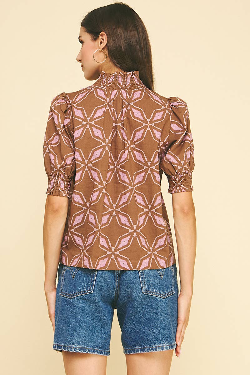 PRINT BUTTON DETAILED BLOUSE TOP