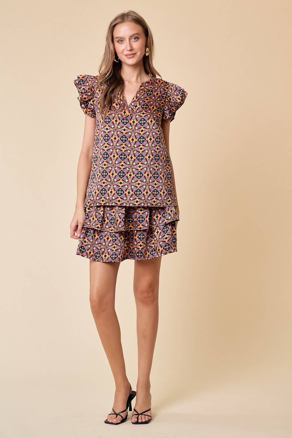 DOUBLE RUFFLE PRINTED TOP