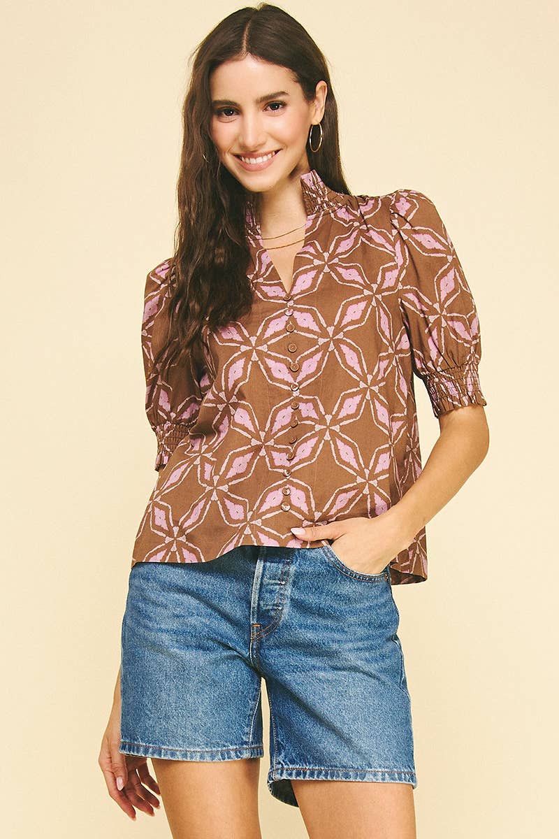 PRINT BUTTON DETAILED BLOUSE TOP