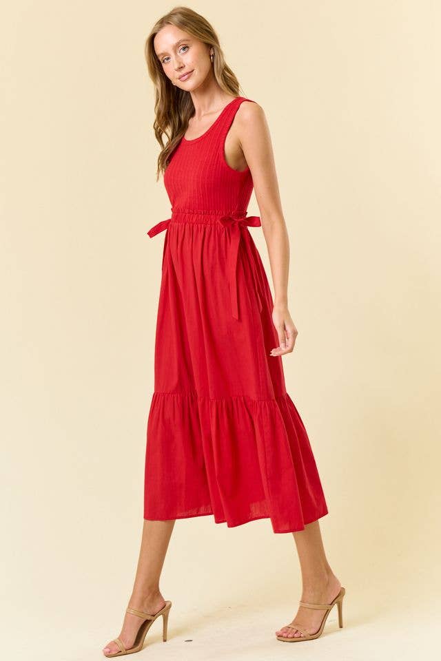 MIX MEDIA SIDE TIE MIDI DRESS