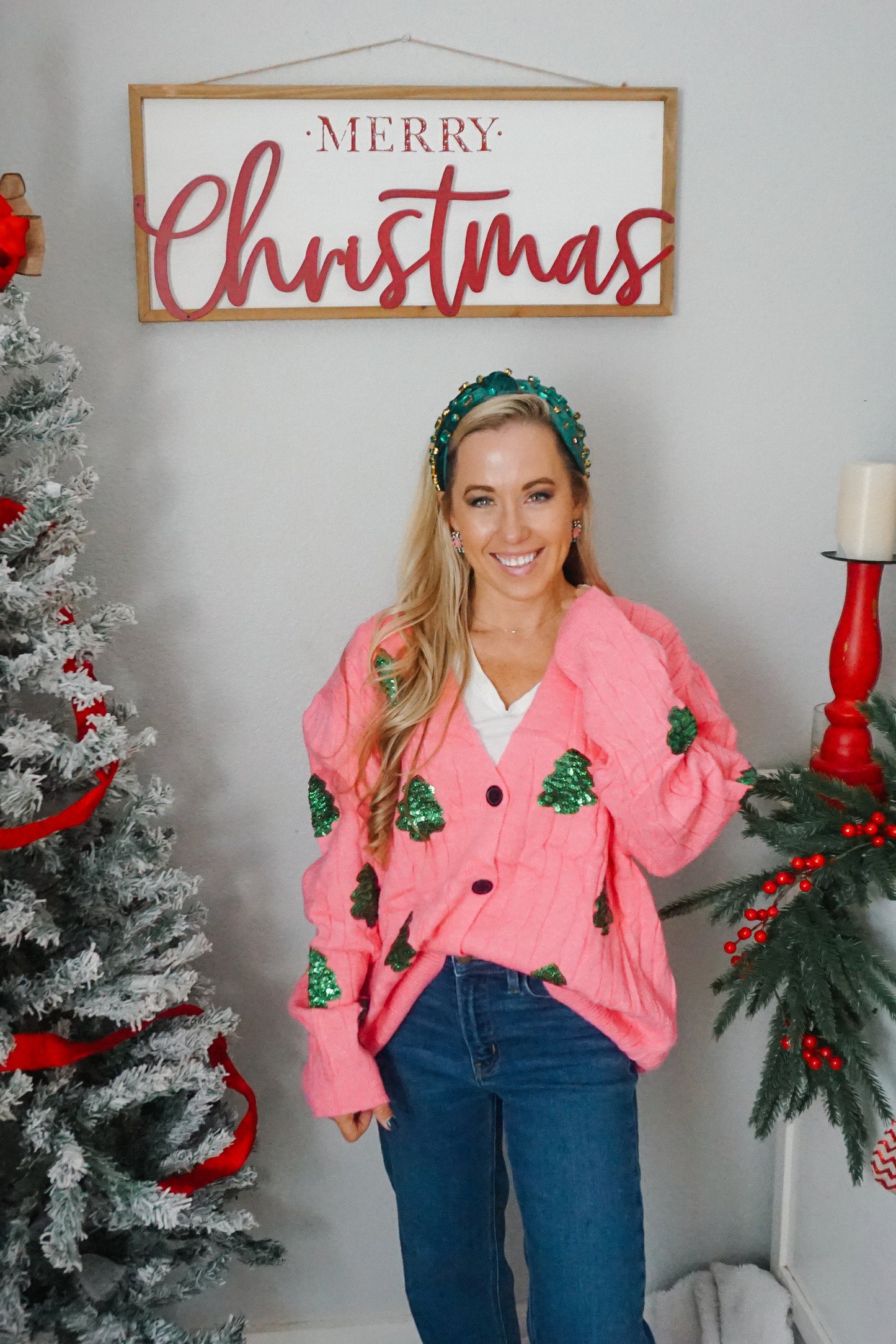 Pink Sequin Trees Cardigan
