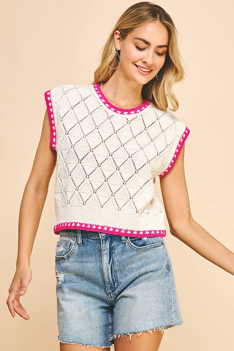 SLEEVELESS CROCHET SWEATER TOP - CREAM/MAGENTA