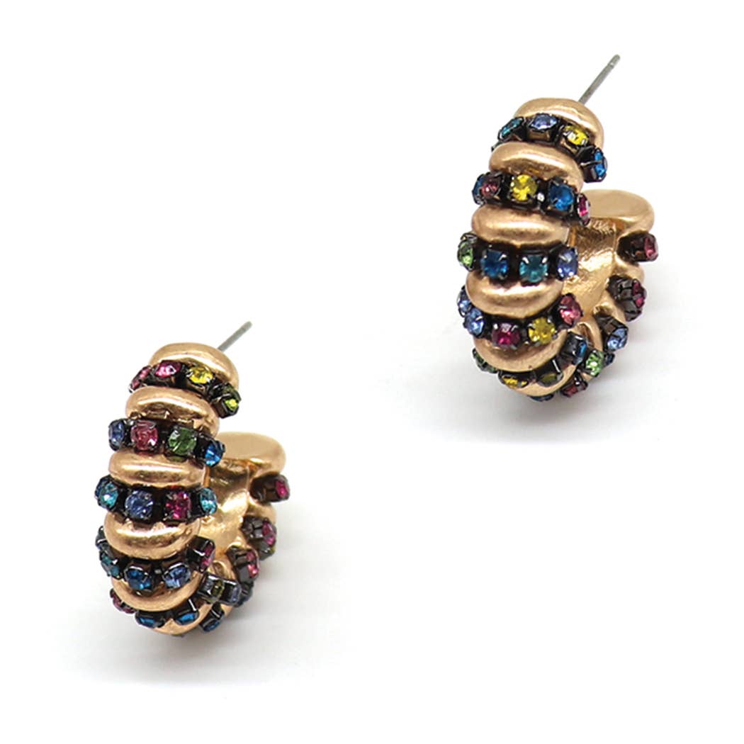 Small Metal Paved Hoop Post Earrings