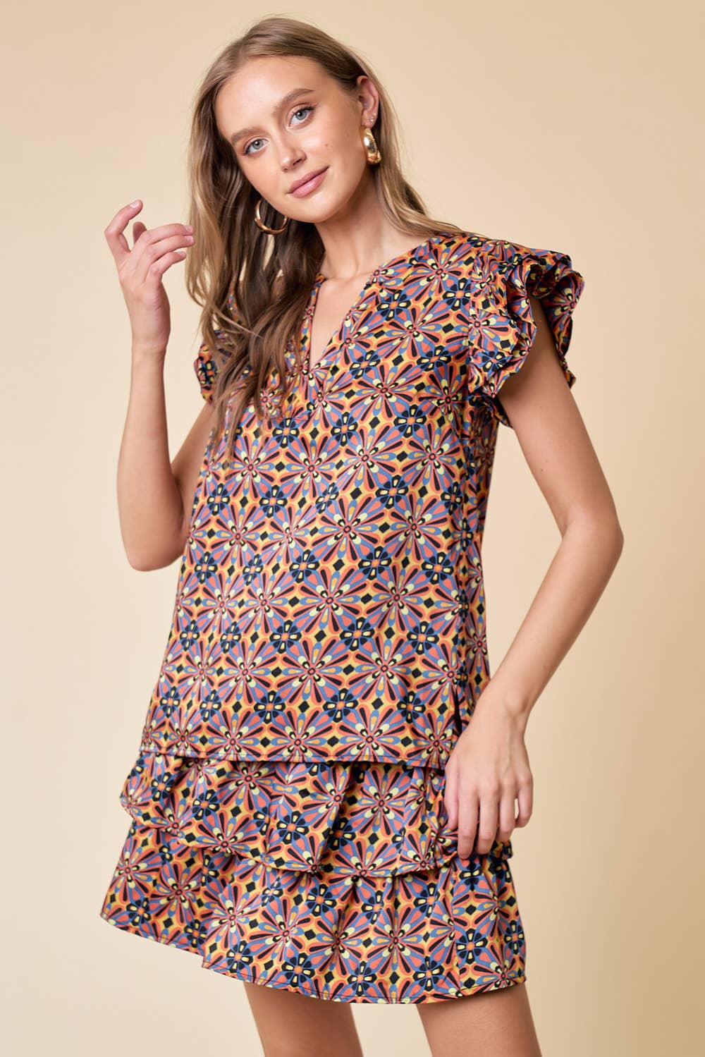DOUBLE RUFFLE PRINTED TOP
