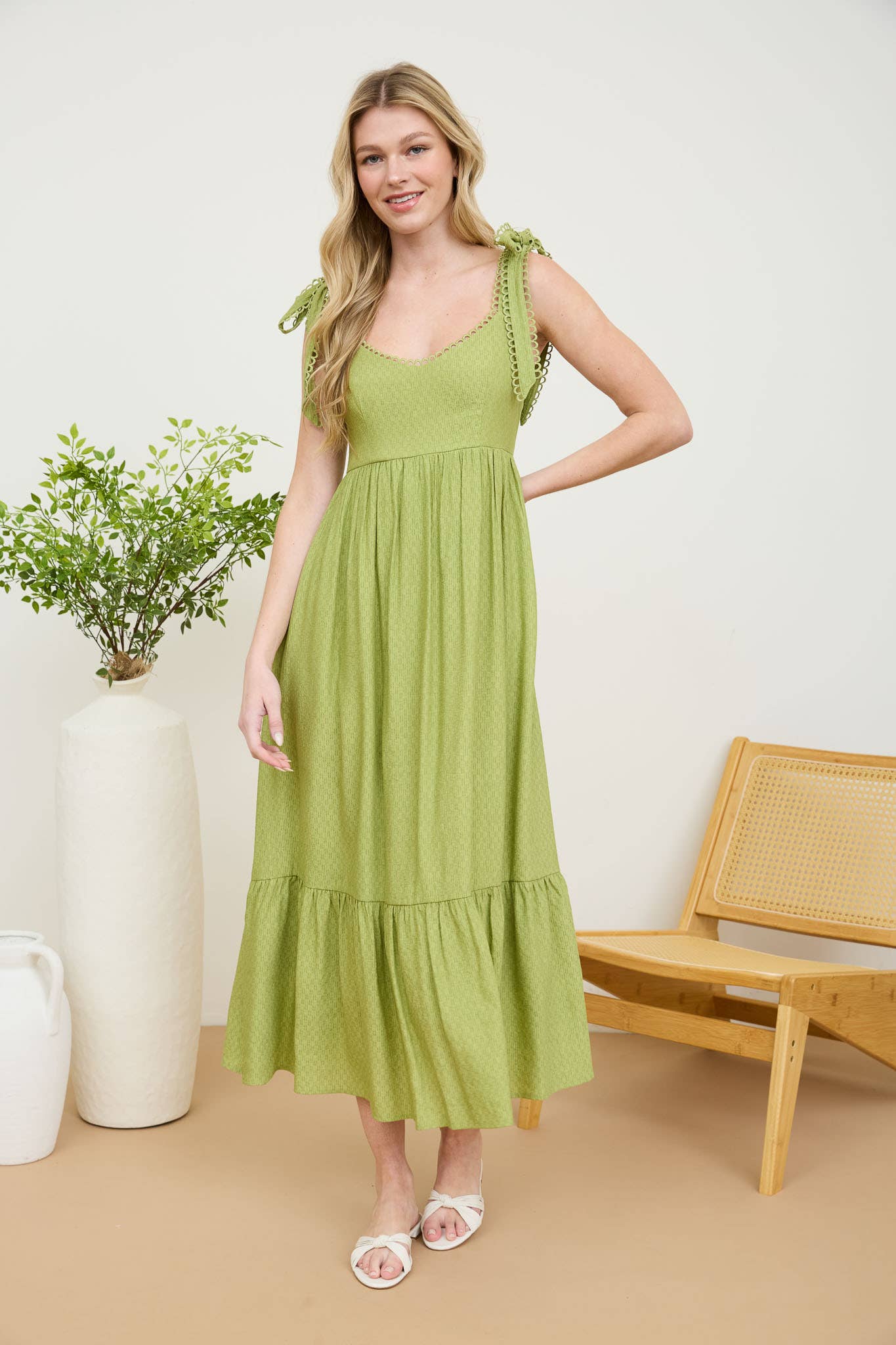 SCALLOP EYELET MIDI DRESS