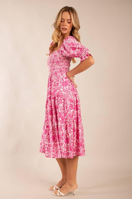 Floral Smocked Puff Sleeve Midi Dress