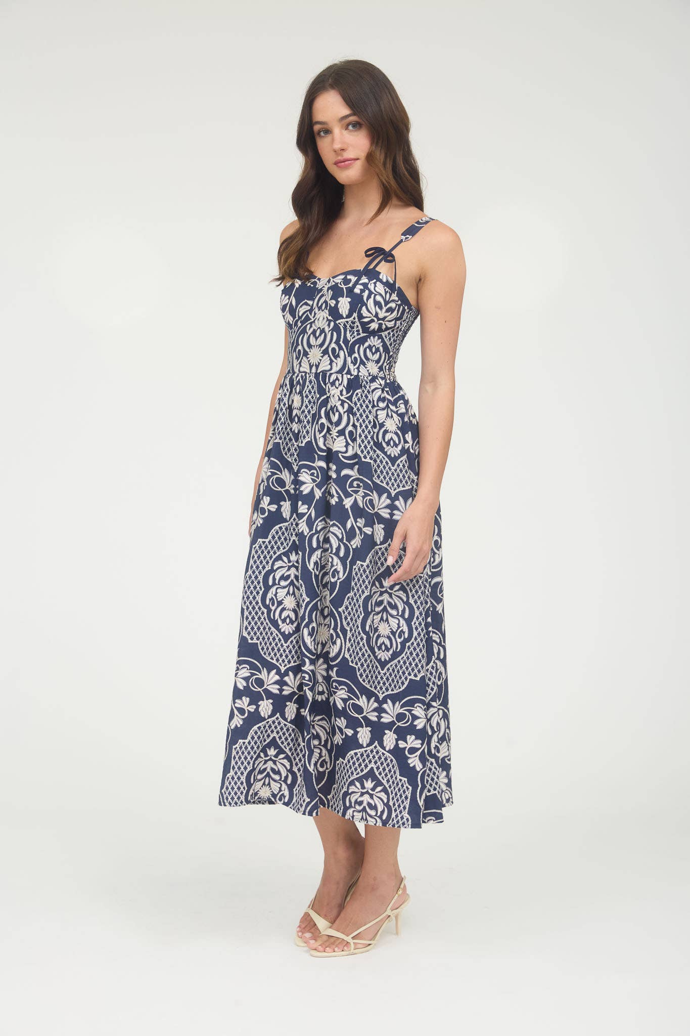 FLORAL DAMASK BOW DETAIL SLEEVELESS MIDI DRESS