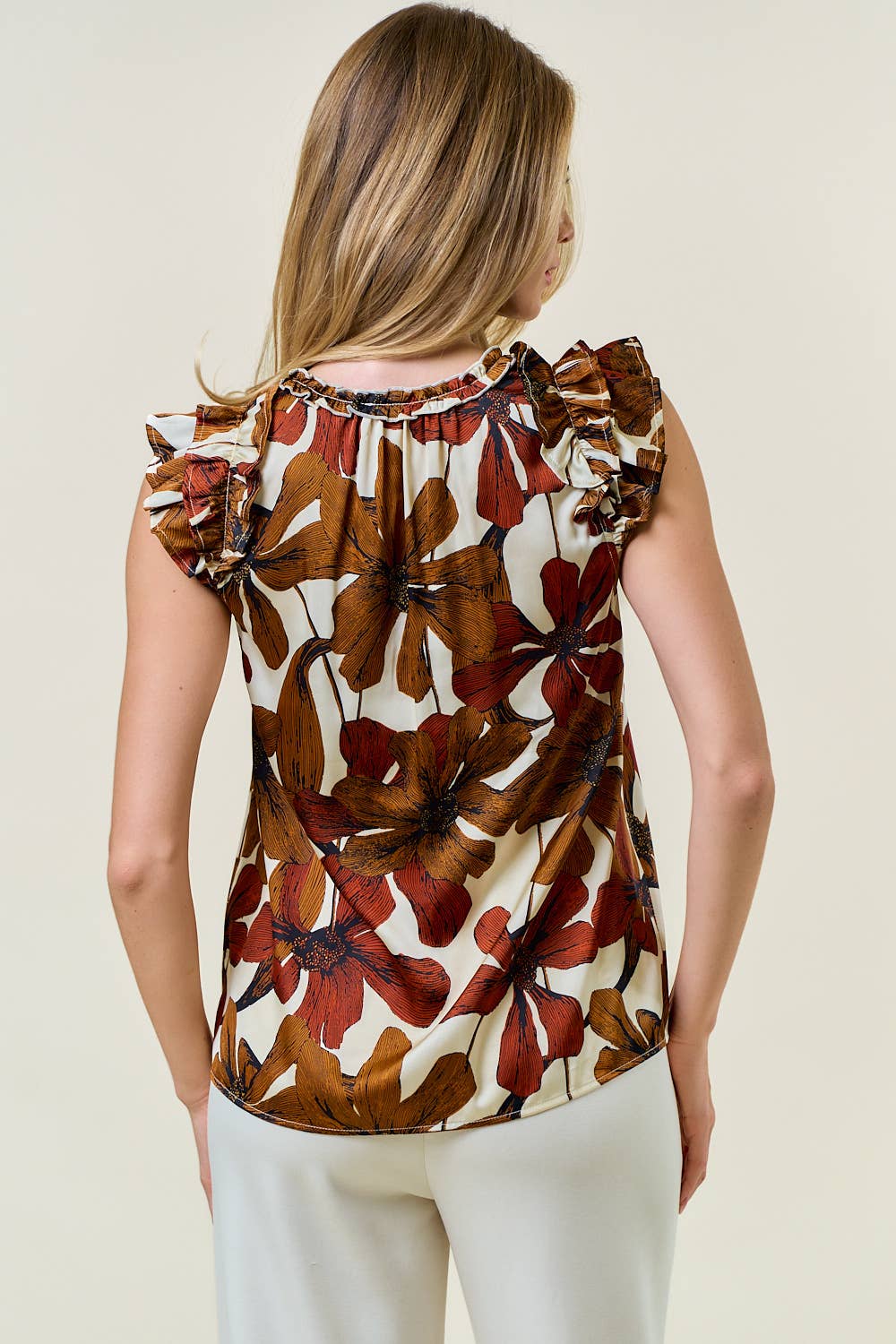 FLORAL SATIN RUFFLE V NECK BLOUSE