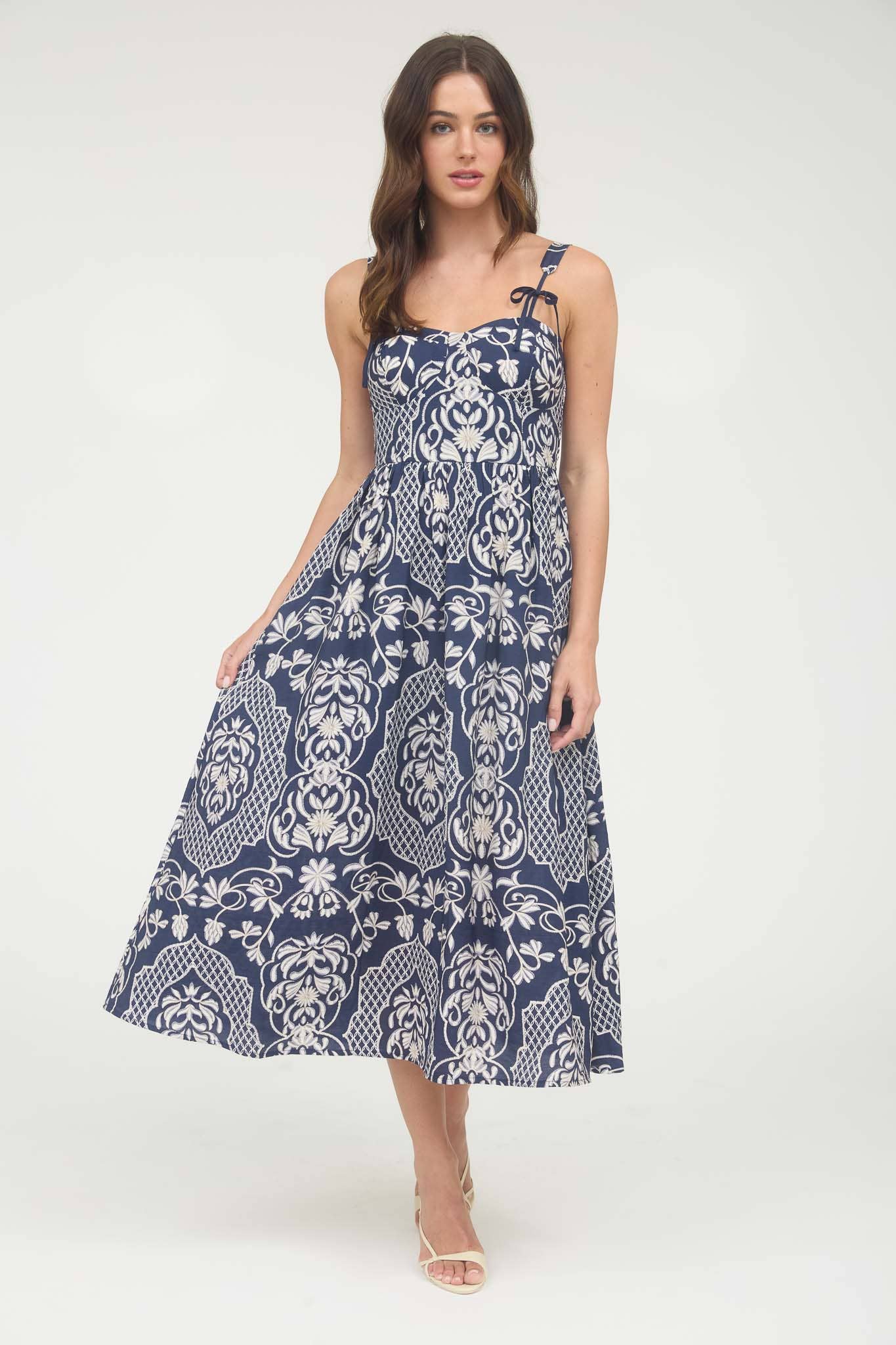FLORAL DAMASK BOW DETAIL SLEEVELESS MIDI DRESS