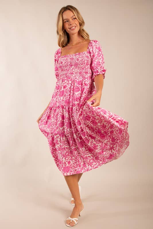 Floral Smocked Puff Sleeve Midi Dress