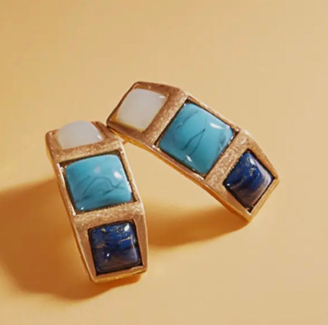 Vintage Faux Stone Paved Open Hoop Earrings