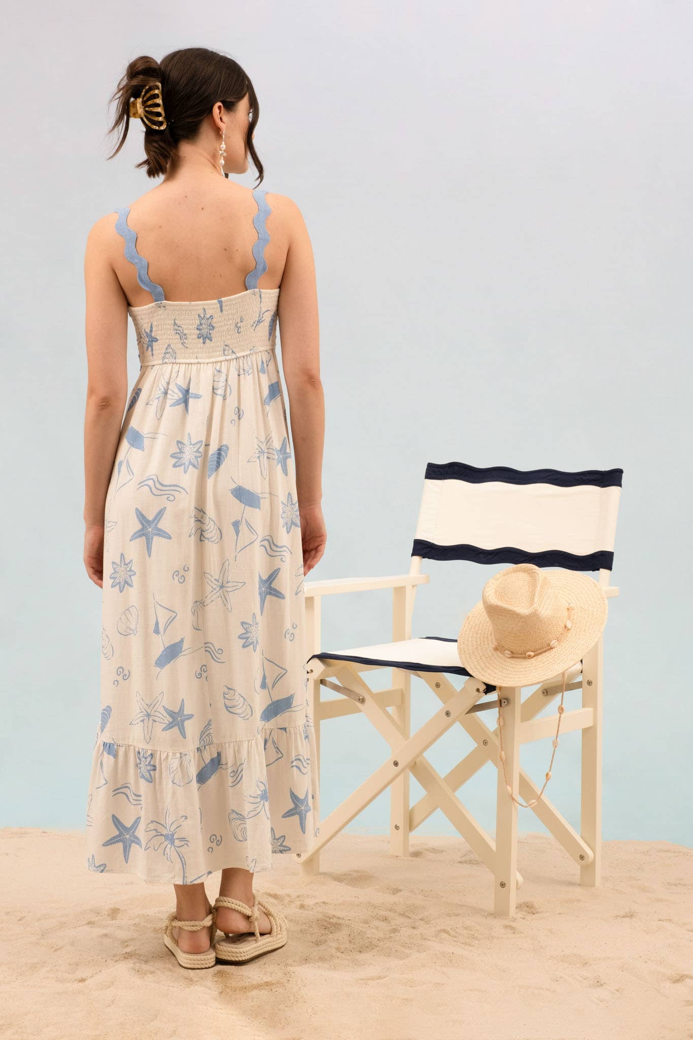 SEA PRINT WAVY TRIM SLEEVELESS MAXI DRESS