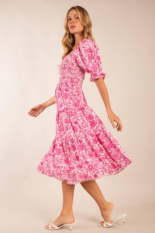 Floral Smocked Puff Sleeve Midi Dress