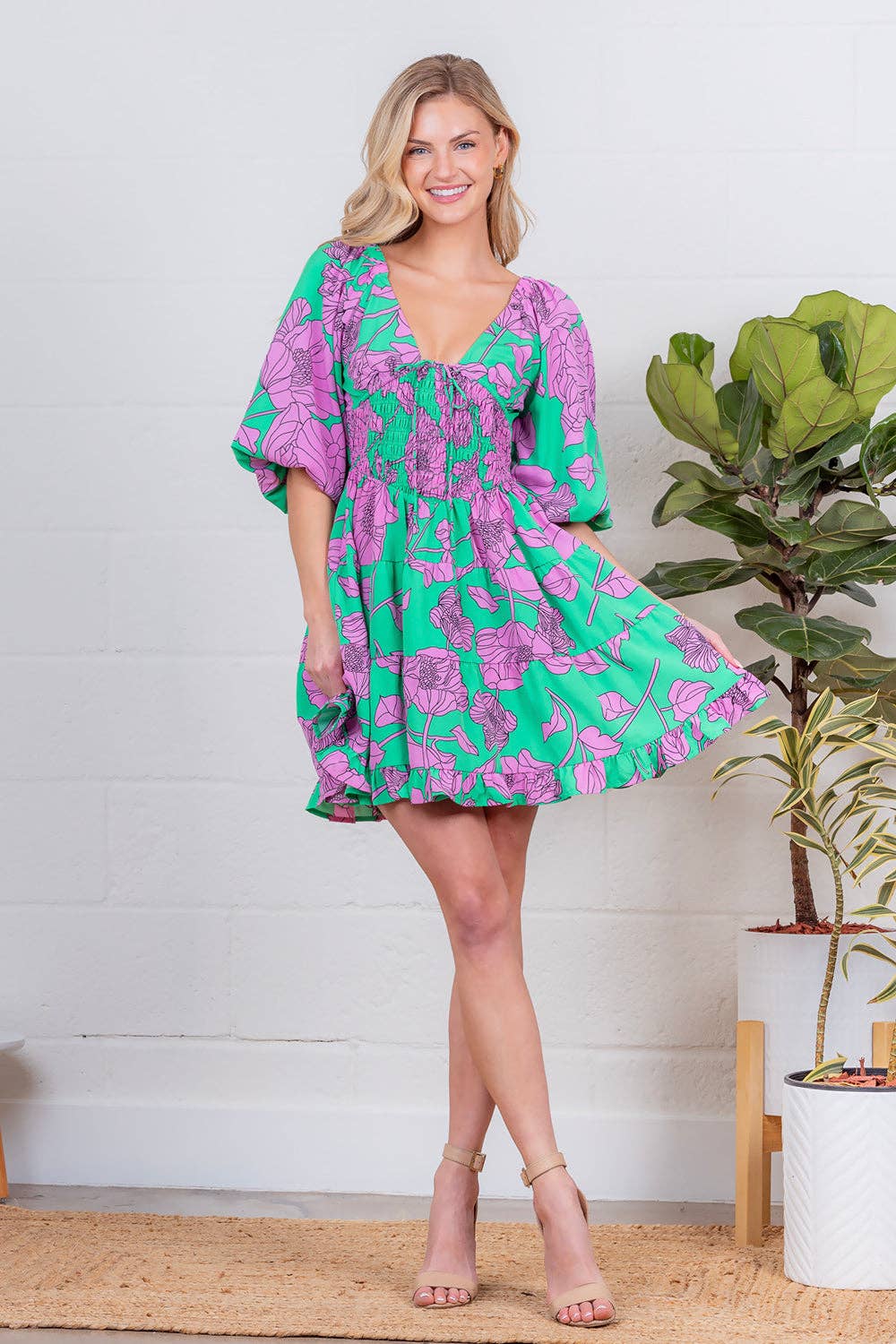 Floral print balloon sleeve mini dress
