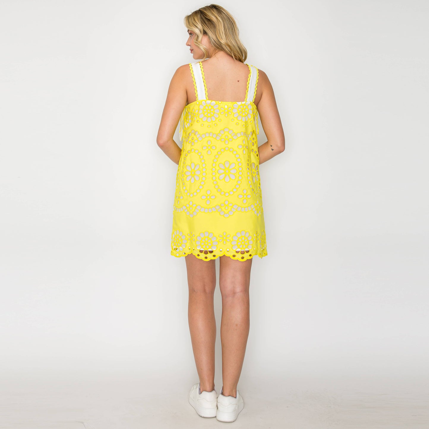 Lemon Yellow Daisy Eyelet Embroidery Mini Dress