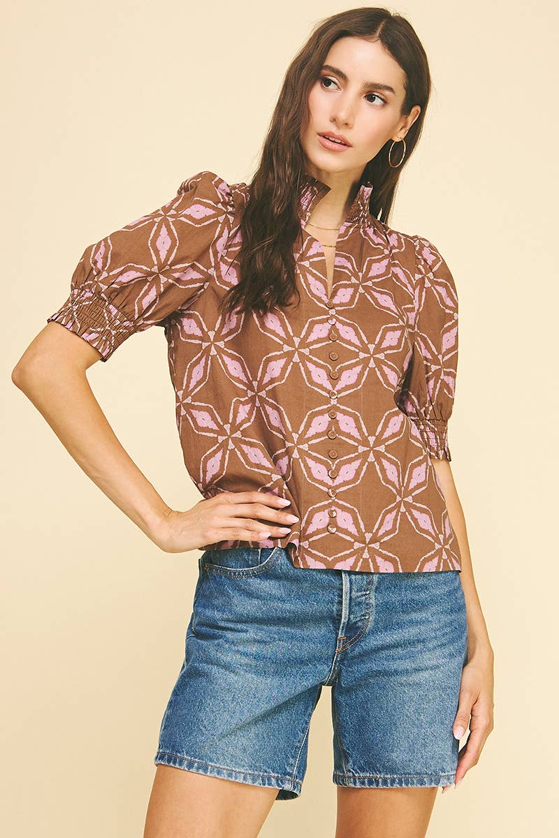 PRINT BUTTON DETAILED BLOUSE TOP