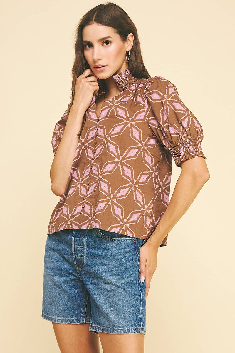 PRINT BUTTON DETAILED BLOUSE TOP