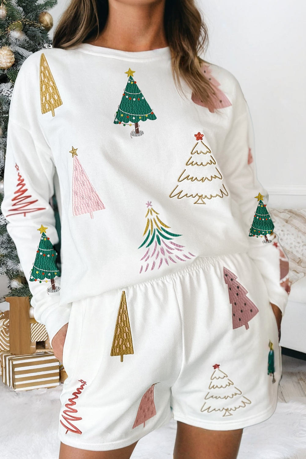 Christmas Tree Long Sleeve Top and Shorts Lounge Set