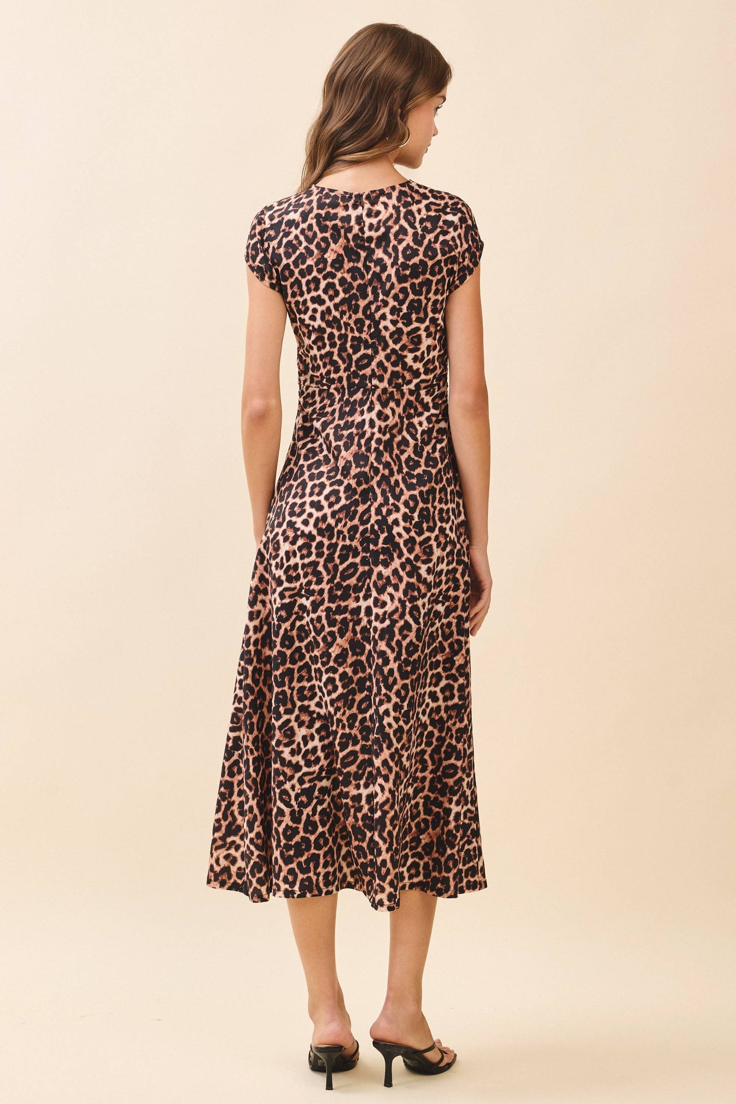 PRE ORDER Leopard Print Ruched Bodice Cap Sleeves Midi Dress