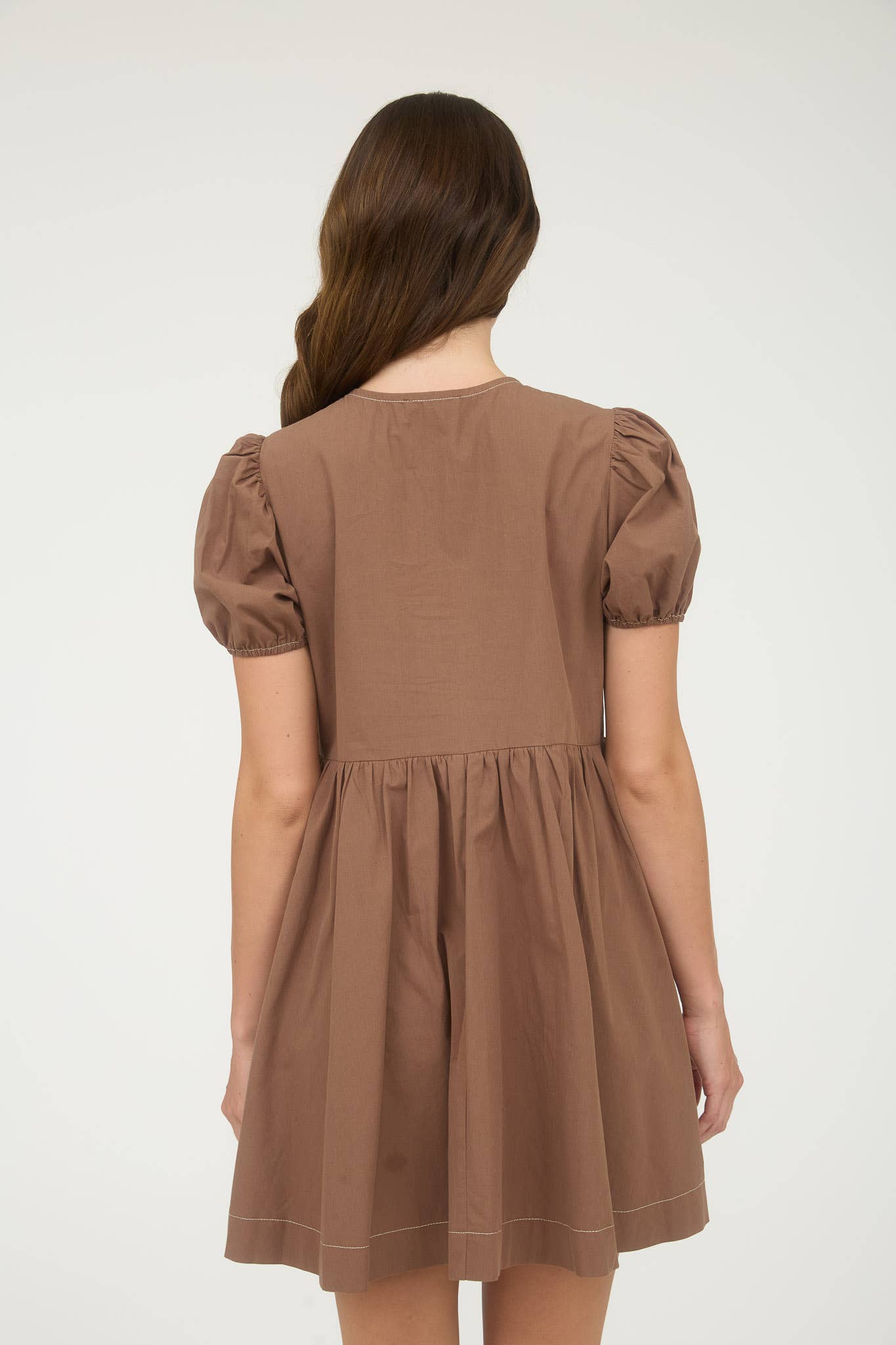 FRONT TIE SHORT PUFF SLEEVE BABYDOLL MINI DRESS