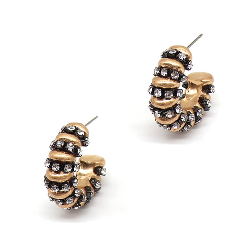 Small Metal Paved Hoop Post Earrings