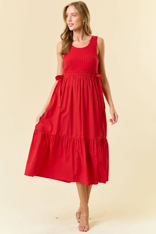 MIX MEDIA SIDE TIE MIDI DRESS