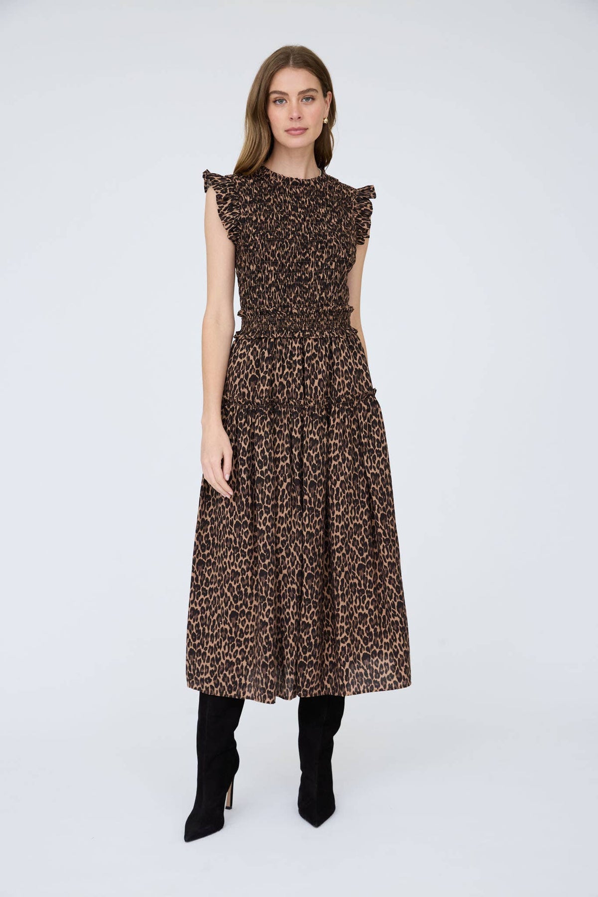PRE ORDER LEOPARD SLEEVELESS SMOCKED TIERED MIDI DRESS