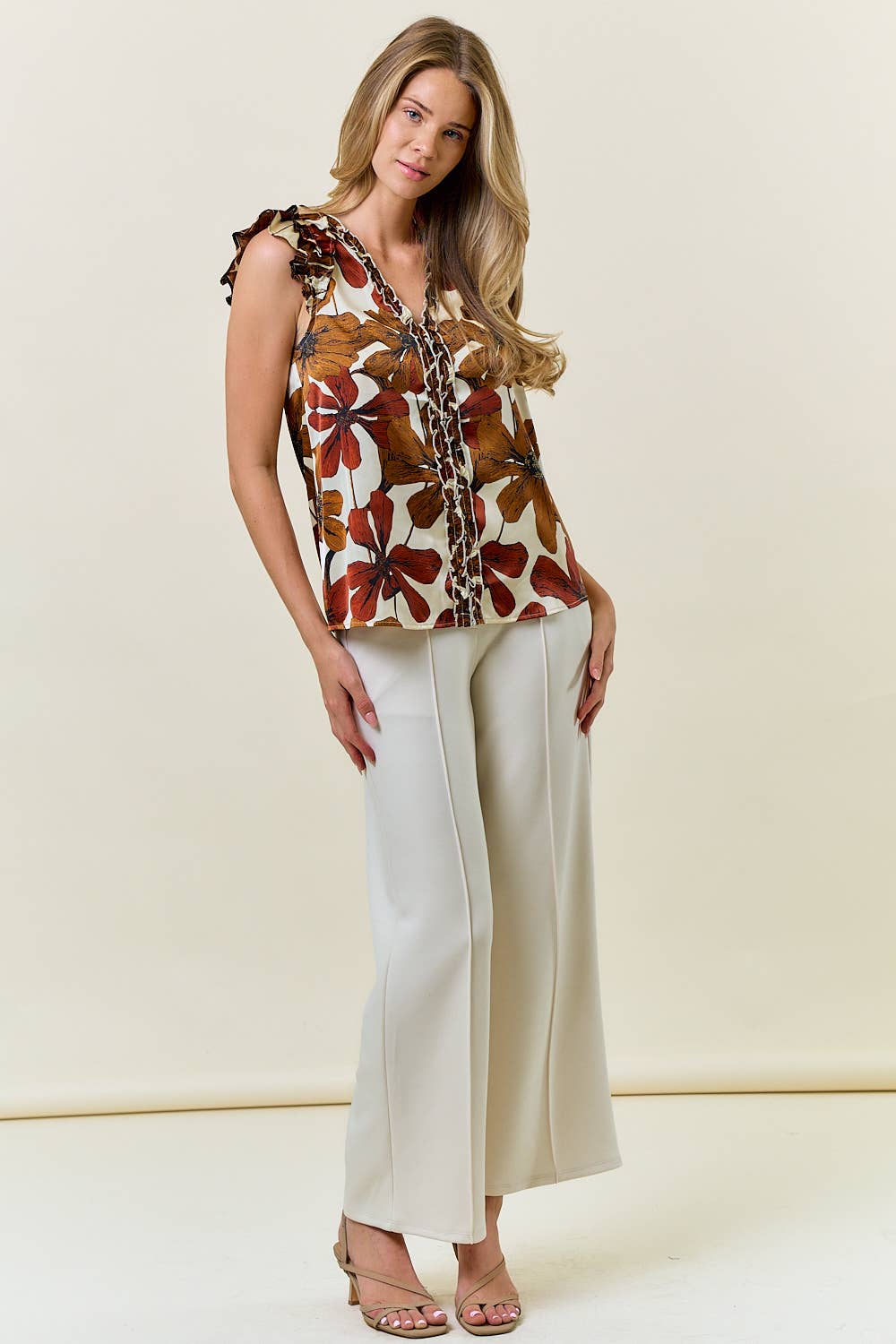 FLORAL SATIN RUFFLE V NECK BLOUSE