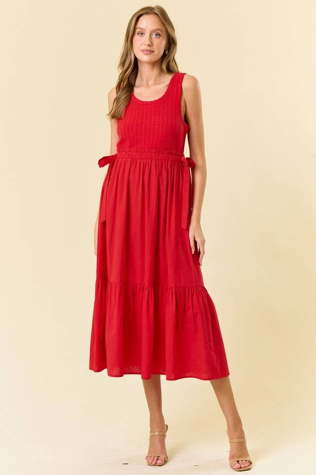 MIX MEDIA SIDE TIE MIDI DRESS