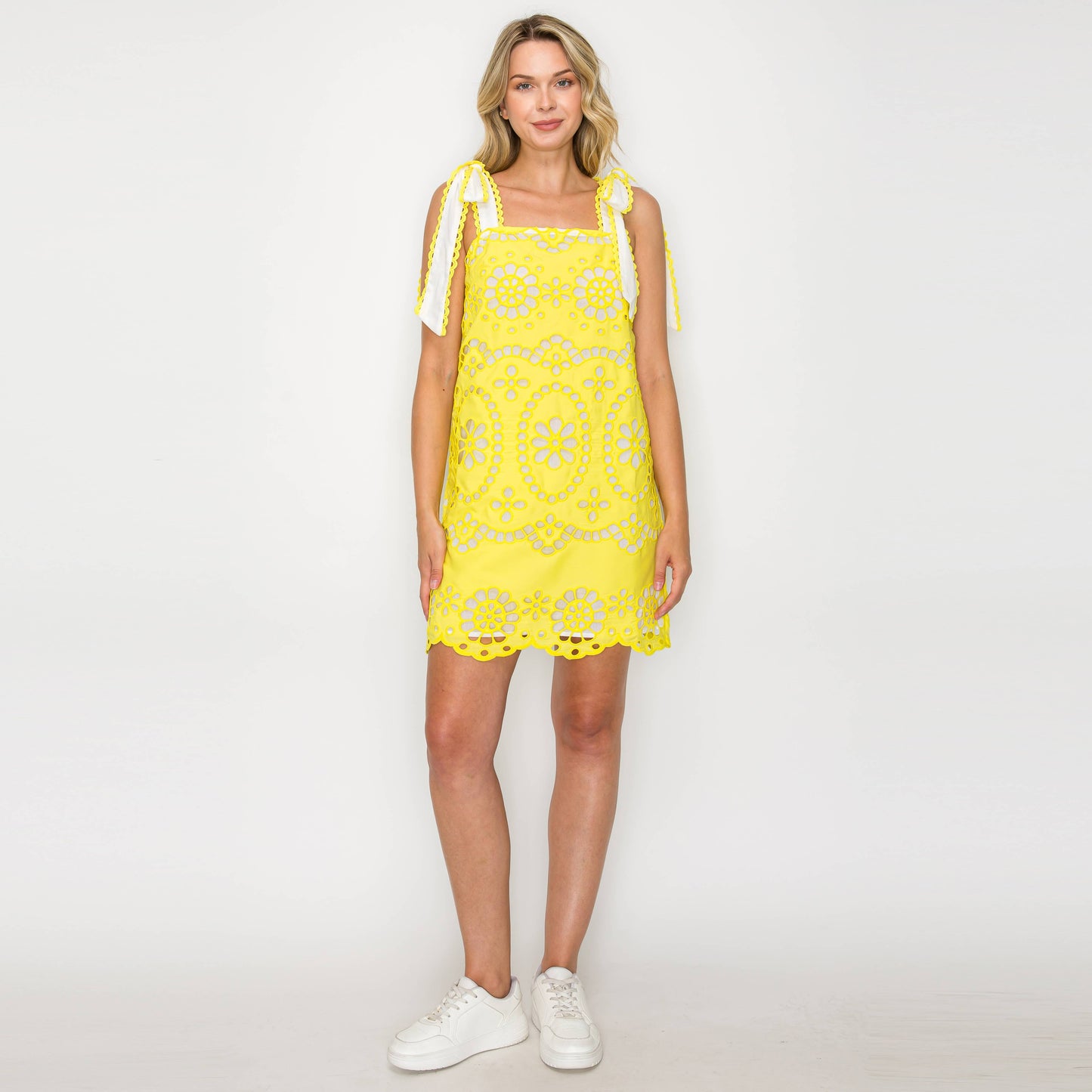Lemon Yellow Daisy Eyelet Embroidery Mini Dress