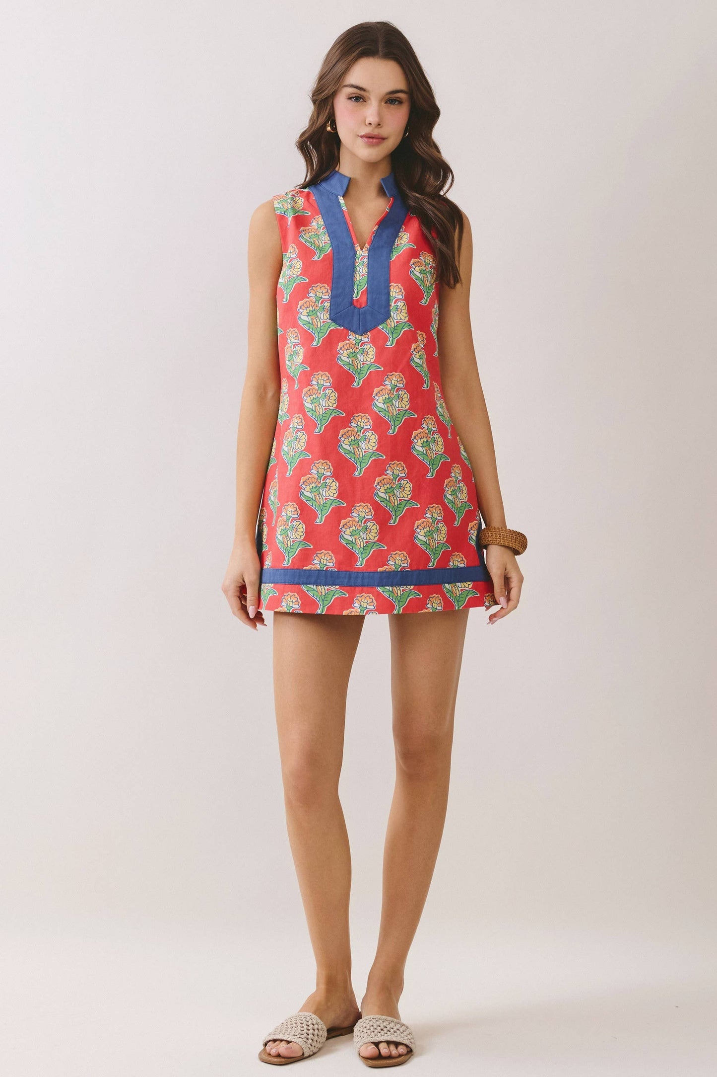 Orange Floral Print Side Slit Contrast Trim Dress