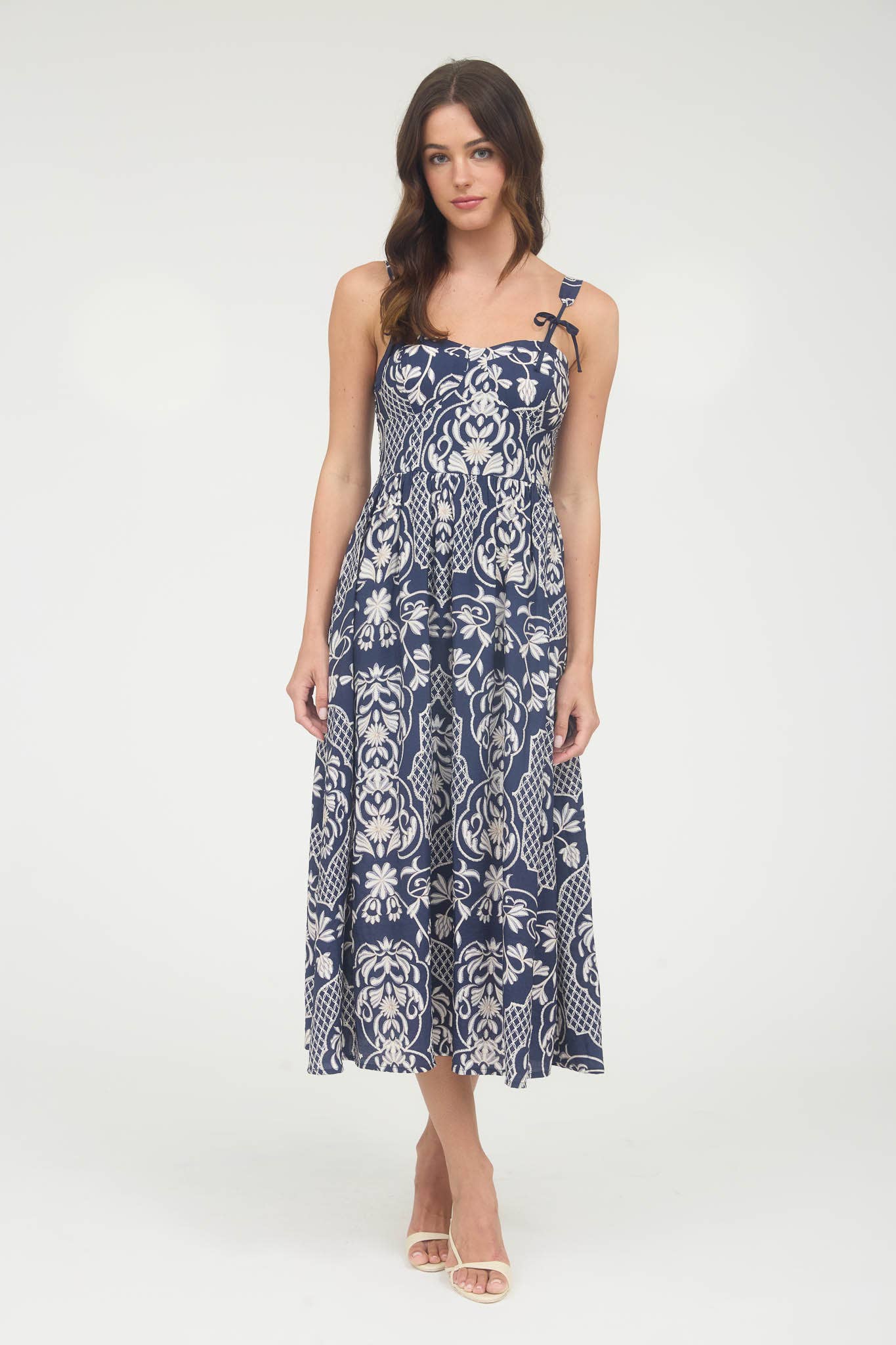 FLORAL DAMASK BOW DETAIL SLEEVELESS MIDI DRESS