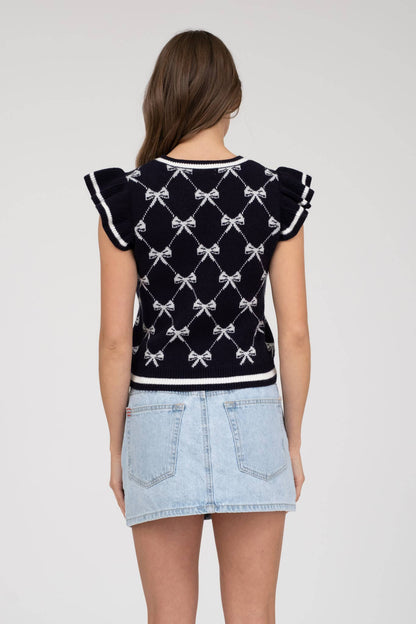 BOW PATTERN RUFFLE SLEEVE SWEATER KNIT TOP