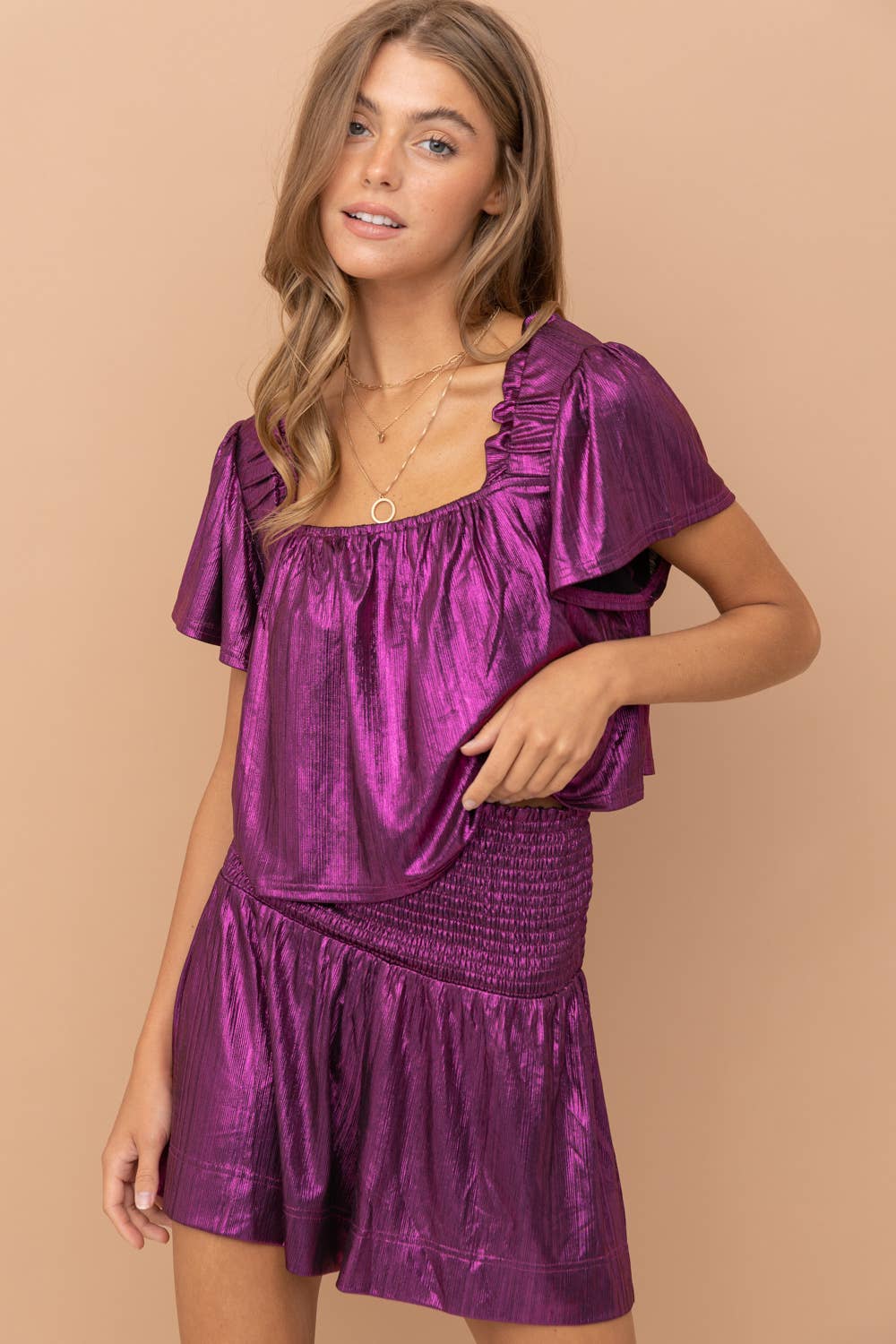 Metallic Ruffle Elastic Shoulder Crop Top Smocked