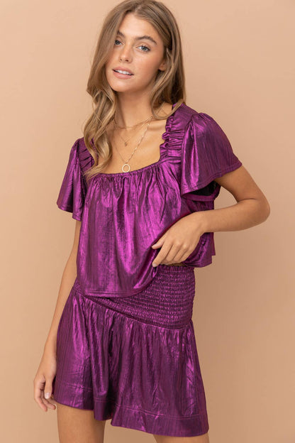 Metallic Ruffle Elastic Shoulder Crop Top Smocked