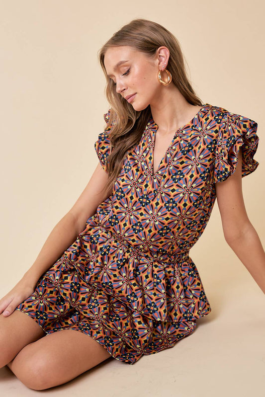 DOUBLE RUFFLE PRINTED TOP