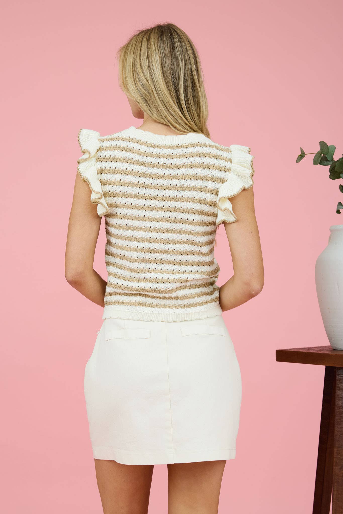 STRIPE SHORT RUFFLE SLEEVE SWEATER KNIT TOP